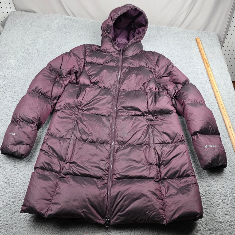 Eddie‎ Bauer EB550 Womens XL Purple Long Hooded Down Puffer Parka Jacket Coat